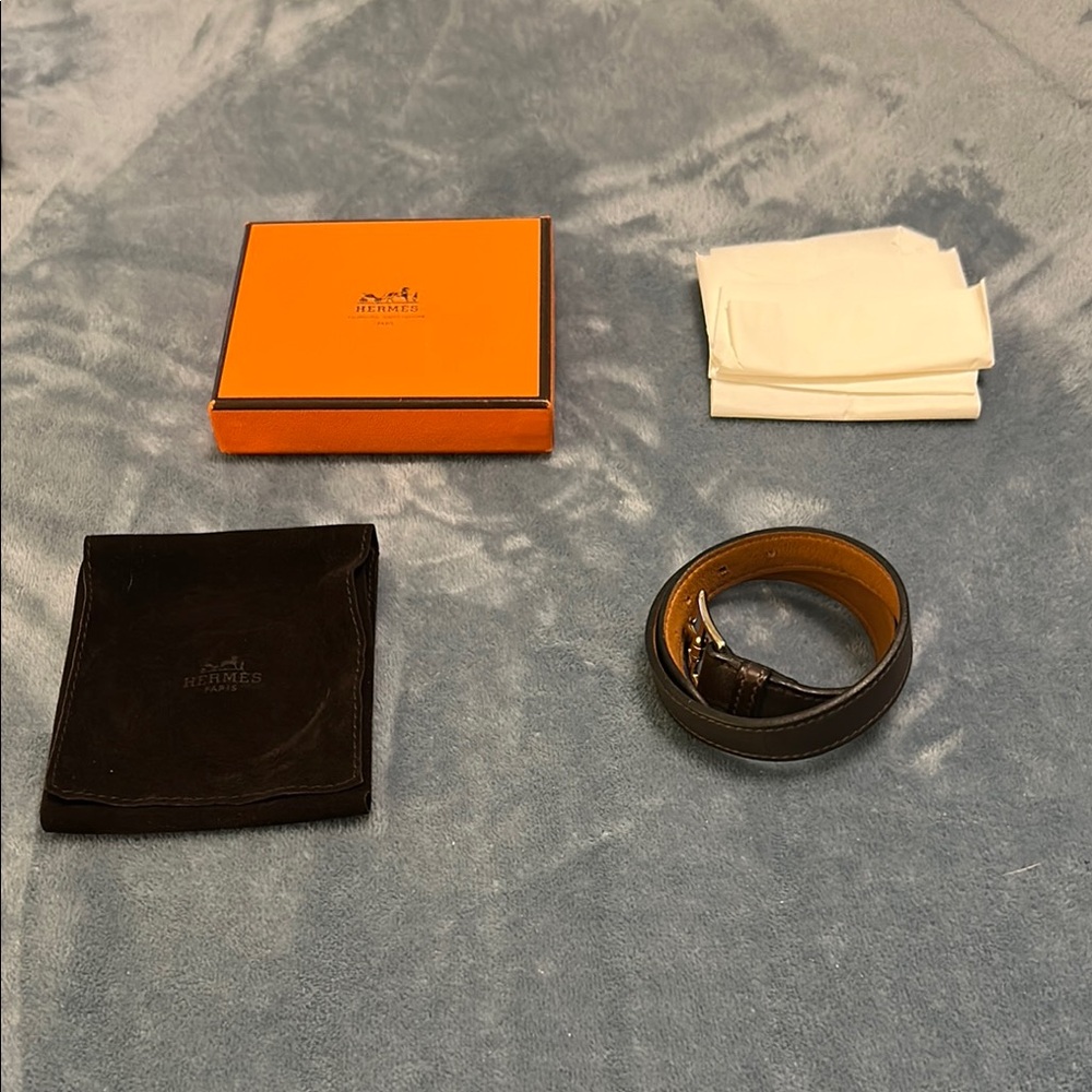 Hermès Barenia Calfskin Leather Double Wrap Brown Bracelet with Box NWOT
